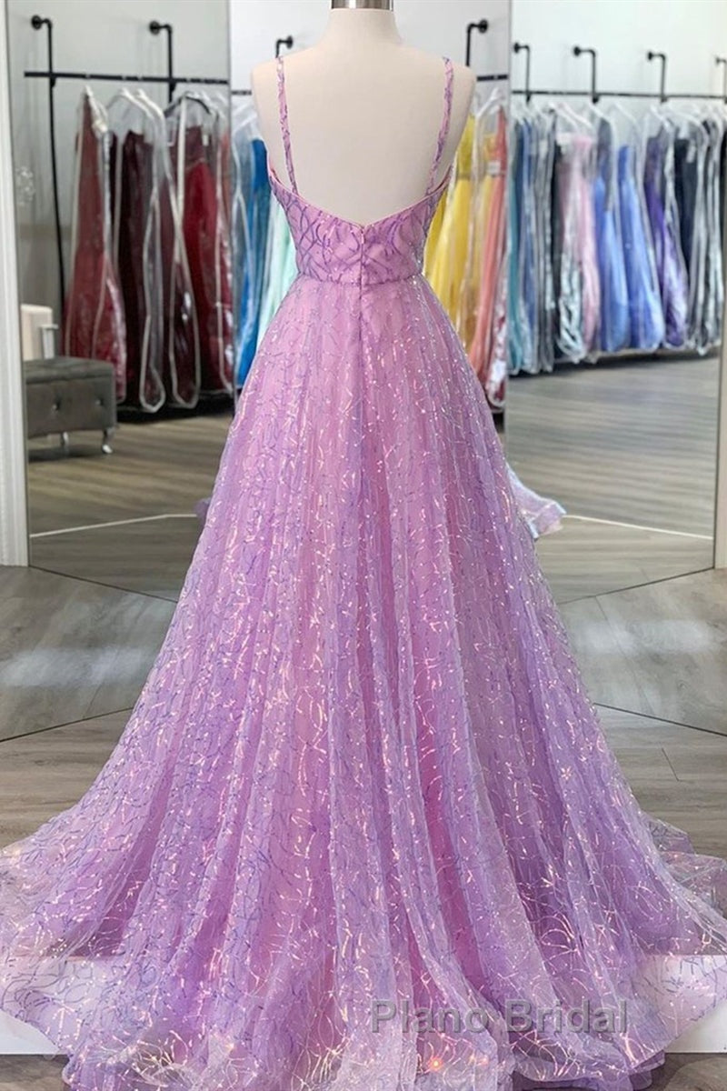 Shiny V Neck Backless Long Purple Formal Prom Dress, Backless Lilac Formal Graduation Evening Dress Secondary image