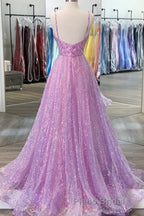Shiny V Neck Backless Long Purple Formal Prom Dress, Backless Lilac Formal Graduation Evening Dress