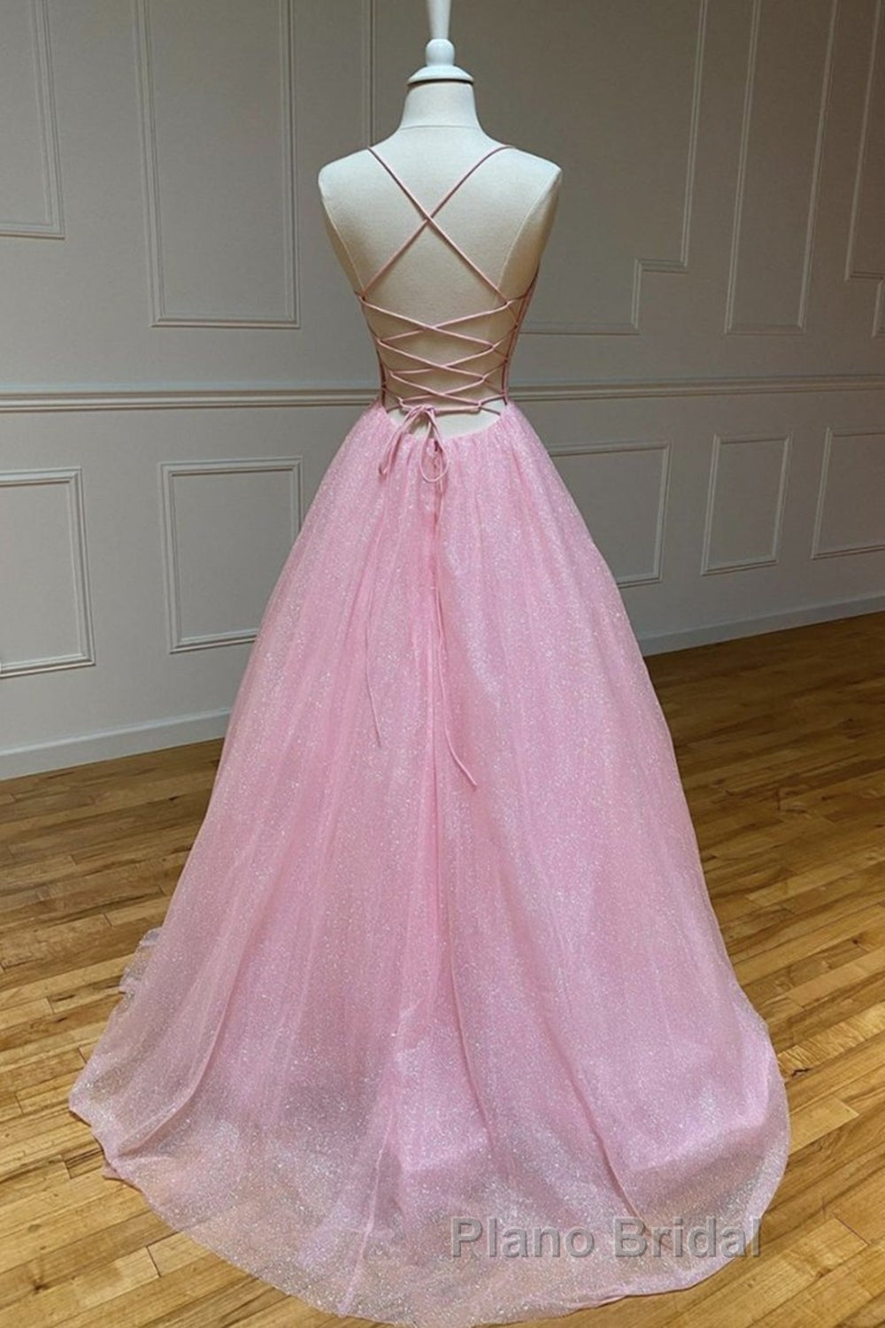 Shiny V Neck Backless Pink Long Formal Prom Dress, Backless Pink Formal Graduation Evening Dress Secondary image