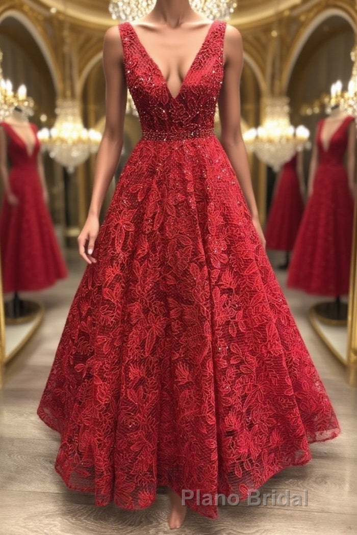 Shiny V Neck Burgundy Lace Long Formal Prom Dress, Burgundy Lace Formal Dress, Sparkly Burgundy Evening Dress Main image