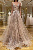 Shiny V Neck Champagne Lace Formal Prom Dresses, Champagne V Neck Lace Formal Graduation Evening Dresses