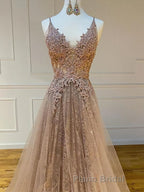 Shiny V Neck Champagne Lace Formal Prom Dresses, Champagne V Neck Lace Formal Graduation Evening Dresses