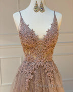 Shiny V Neck Champagne Lace Formal Prom Dresses, Champagne V Neck Lace Formal Graduation Evening Dresses