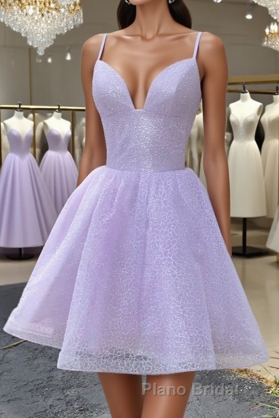 Shiny V Neck Lilac Short Formal Prom Dresses, Lilac Homecoming Dresses
