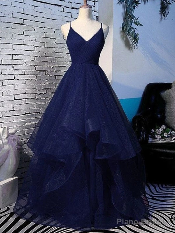 Shiny V Neck Navy Blue Long Prom Dresses, Fluffy Navy Blue Formal Evening Dresses, Sparkly Ball Secondary image