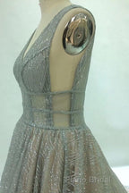Shiny V Neck Open Back Champagne Long Formal Prom Dresses, Champagne Formal Graduation Evening Dresses