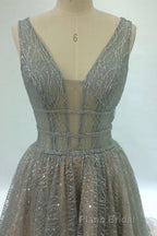 Shiny V Neck Open Back Champagne Long Formal Prom Dresses, Champagne Formal Graduation Evening Dresses