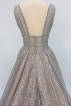 Shiny V Neck Open Back Champagne Long Formal Prom Dresses, Champagne Formal Graduation Evening Dresses