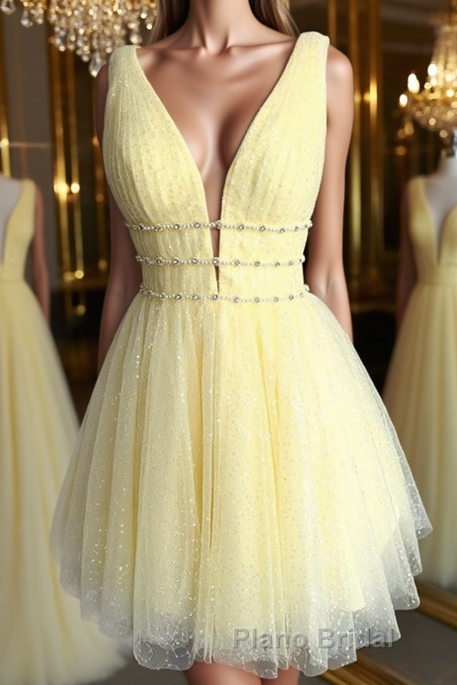 Shiny V Neck Open Back Yellow Tulle Short Formal Prom Dress, V Neck Yellow Formal Graduation Homecoming Dress Main image