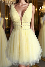 Shiny V Neck Open Back Yellow Tulle Short Formal Prom Dress, V Neck Yellow Formal Graduation Homecoming Dress