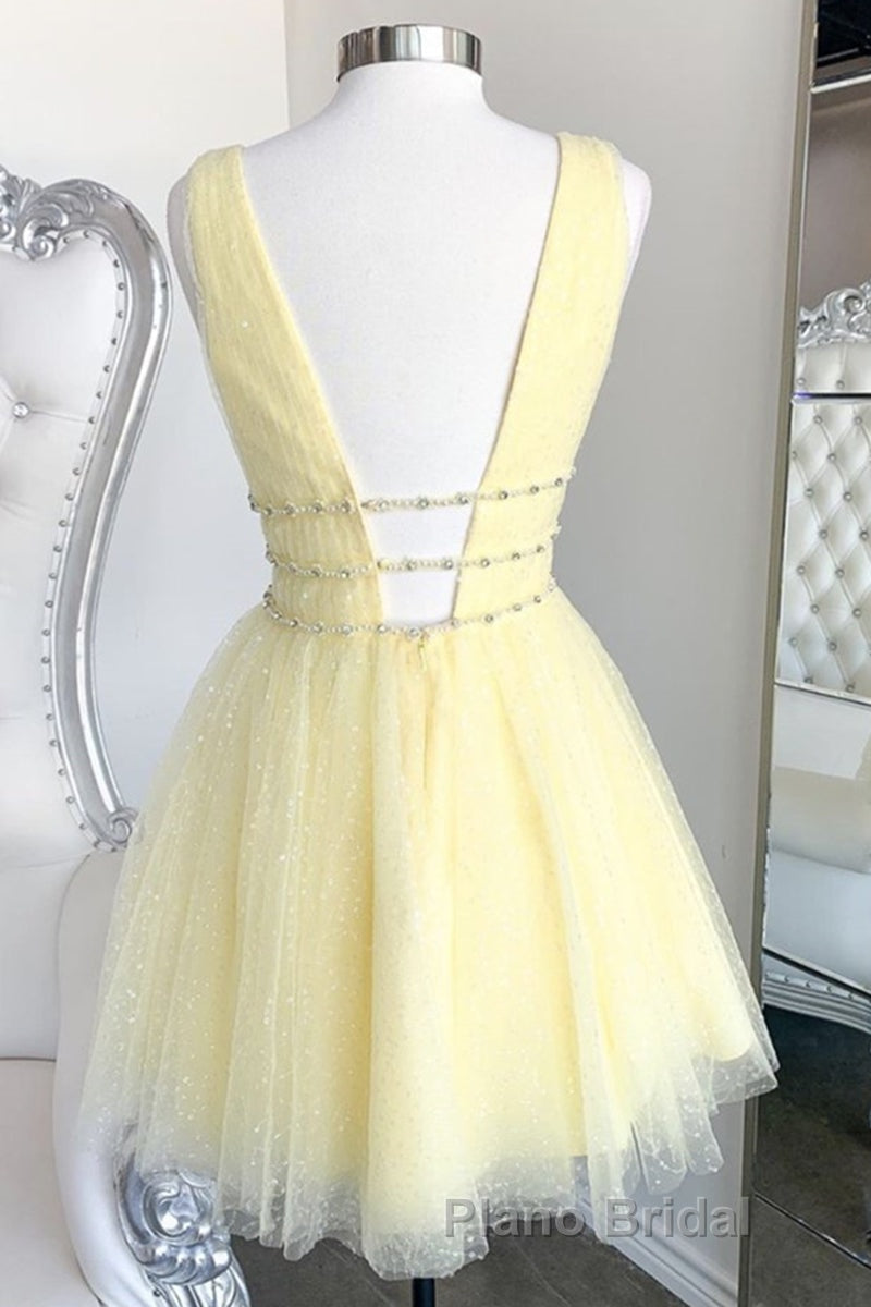 Shiny V Neck Open Back Yellow Tulle Short Formal Prom Dress, V Neck Yellow Formal Graduation Homecoming Dress