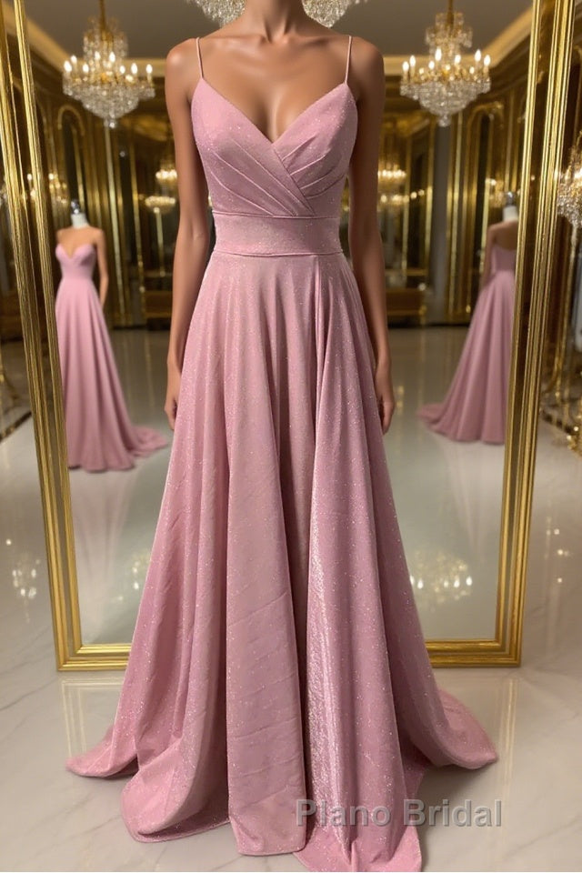 Shiny V Neck Pink Long Formal Prom Dresses, Pink V Neck Long Formal Evening Dresses