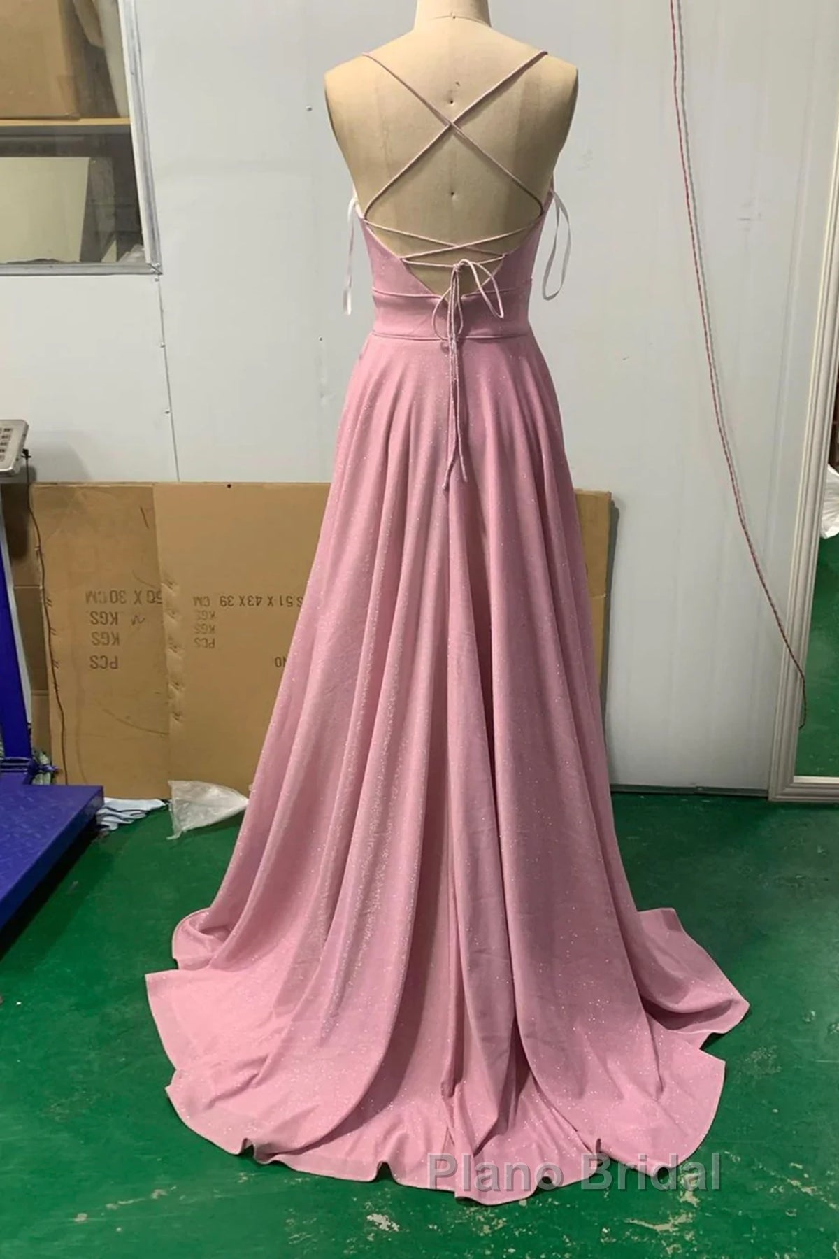 Shiny V Neck Pink Long Formal Prom Dresses, Pink V Neck Long Formal Evening Dresses Secondary image