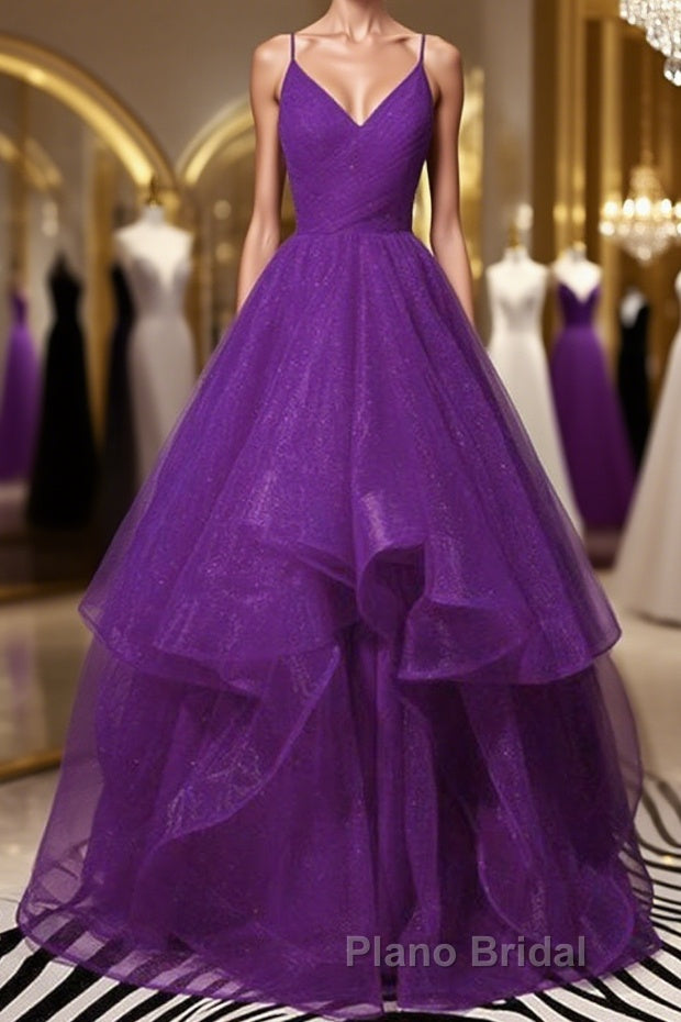 Shiny V Neck Purple Long Formal Prom Dresses, Long Purple Formal Evening Dresses, Purple Ball Gown Main image