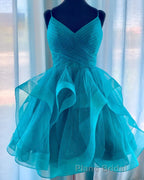 Shiny V Neck Short Blue Green White Formal Prom Dresses, Shiny Short V Neck Formal Homecoming Dresses
