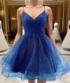 Shiny V Neck Short Blue Green White Formal Prom Dresses, Shiny Short V Neck Formal Homecoming Dresses