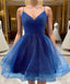 Shiny V Neck Short Blue Green White Formal Prom Dresses, Shiny Short V Neck Formal Homecoming Dresses