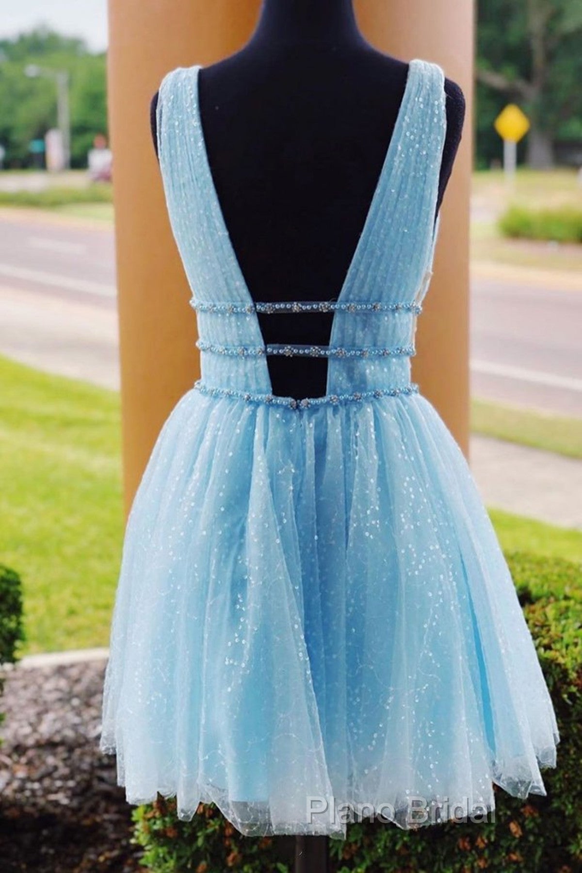 Shiny V Neck Short Blue/Yellow Formal Prom Dressesses, Short Blue/Yellow V Neck Fomal Homecoming Graduation Dresses Secondary image