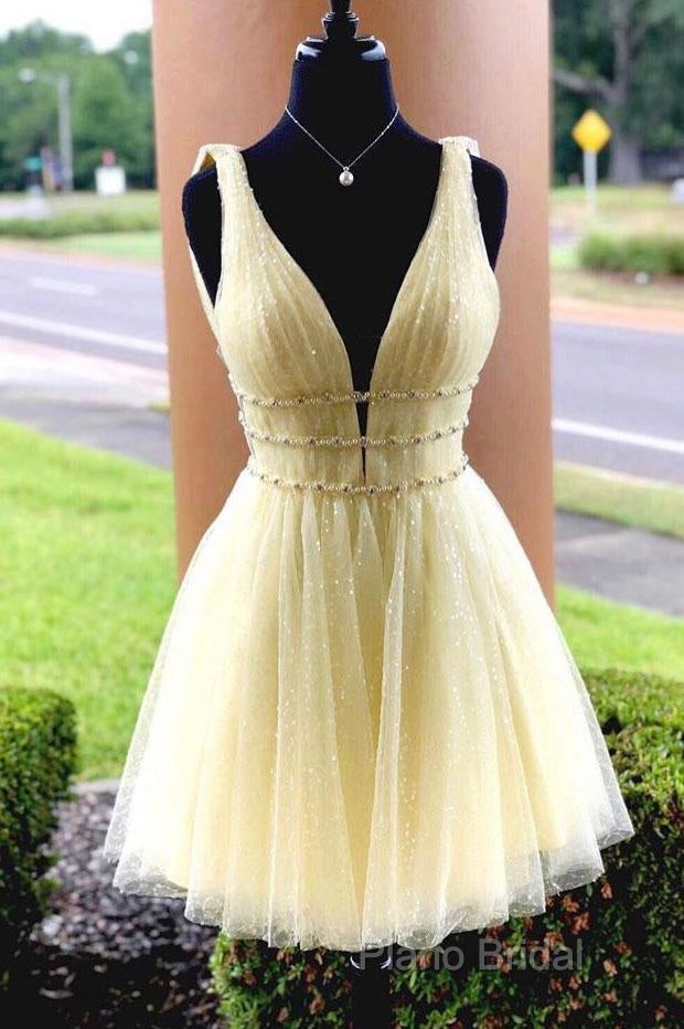 Shiny V Neck Short Blue/Yellow Formal Prom Dressesses, Short Blue/Yellow V Neck Fomal Homecoming Graduation Dresses