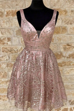 Shiny V Neck Short Champagne Formal Prom Dresses, Short V Neck Champagne Graduation Formal Dresses