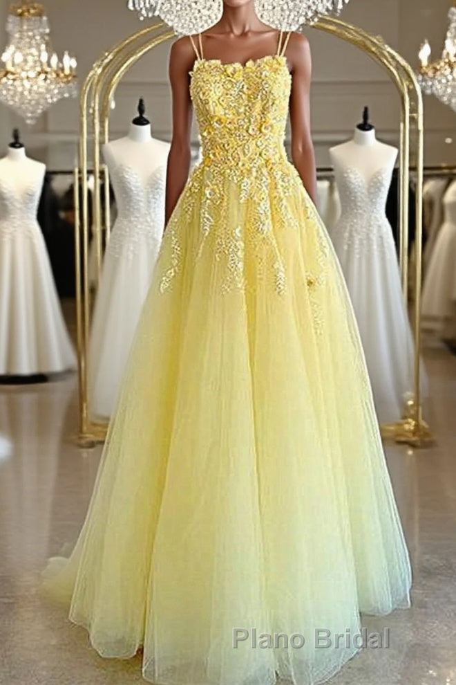 Shiny Yellow Lace Floral Formal Prom Dresses, Shiny Yellow Lace Floral Formal Evening Dresses Main image