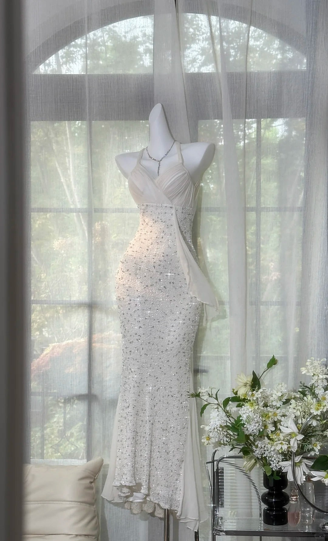 Shinying White Mermaid Strapless Lace-Up Back Sequin Chiffon Long Formal Prom Dresses