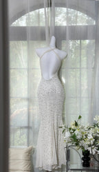 Shinying White Mermaid Strapless Lace-Up Back Sequin Chiffon Long Formal Prom Dresses