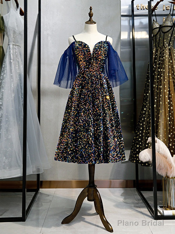 Shop Cheap Color Sequin Spaghetti Straps Tea Length Short Sleeves Prom Dress Under 119 Main image