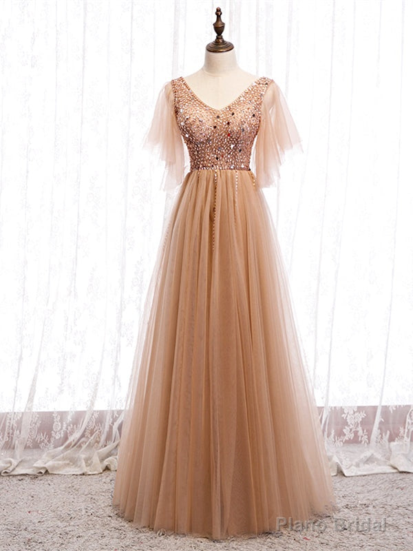 Shop Cheap Short Sleeves Beading V Neck Champagne Floor Length Prom Dress