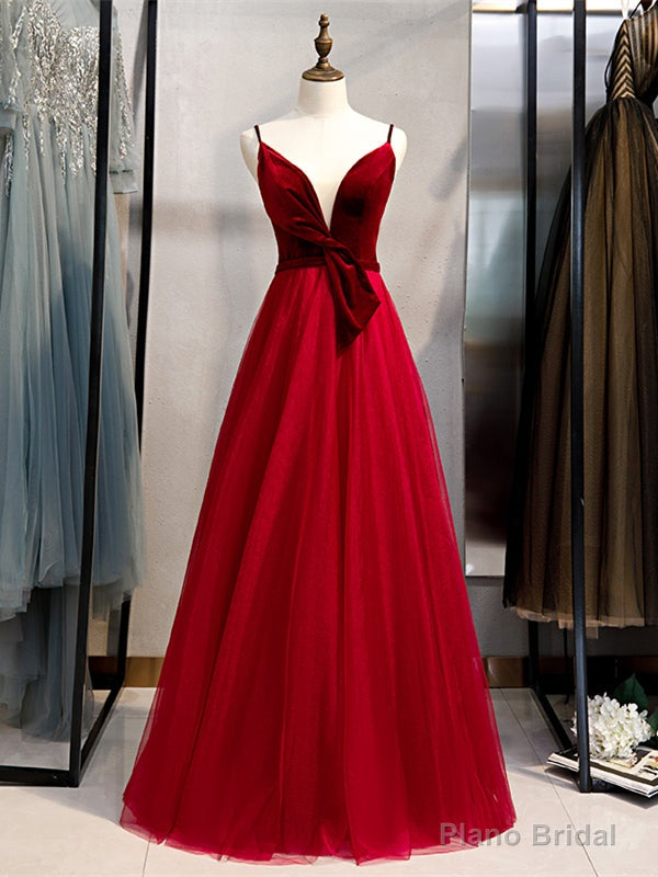 Shop Cheap Spaghetti Straps Satin Velvet Tulle Long Prom Dress With Bow Under 119 Main image