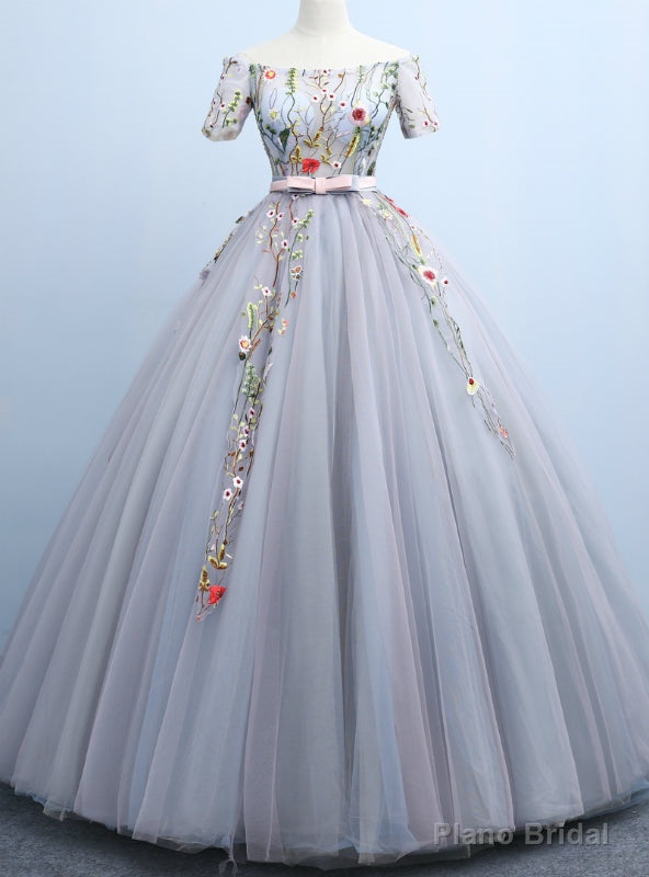 Shop Designer Gray Ball Gown Tulle Off the Shoulder Short Sleeve Embroidery Main image