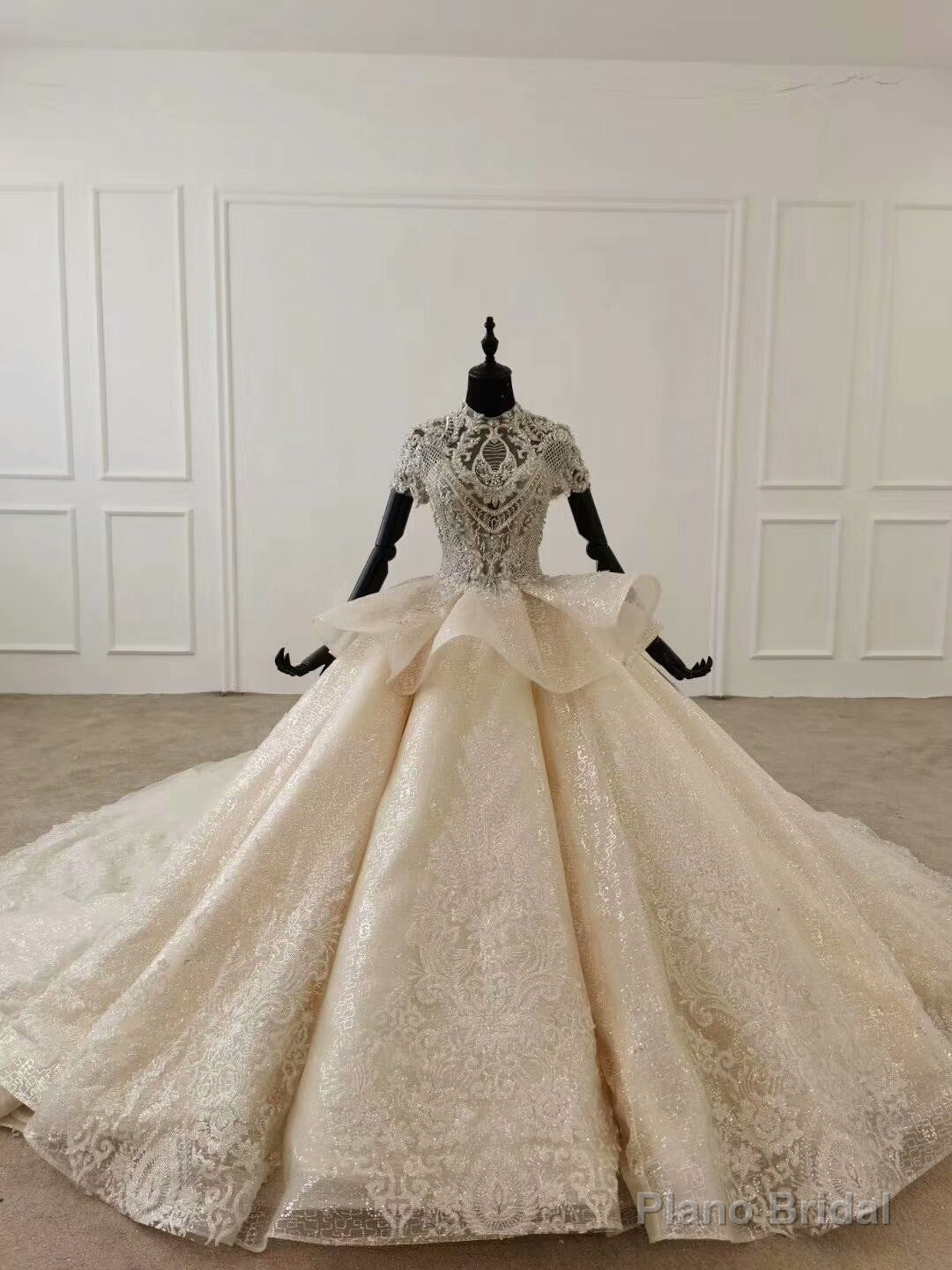 Shop High Neck Short Sleeves Appliques Crystal Ruffles Huate Couture Wedding Dress Main image