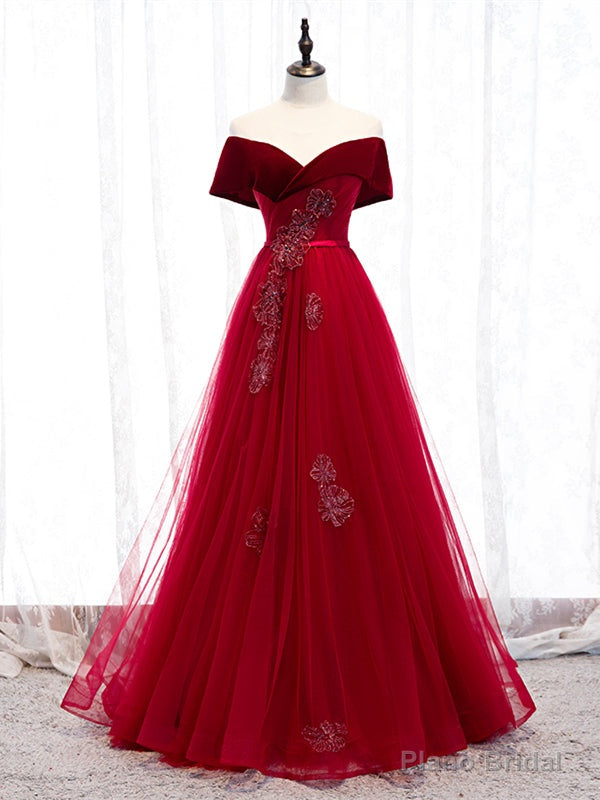 Shop Off The Shoulder Burgundy Tulle Velvet Appliques Long Prom Dress Under 129 Main image