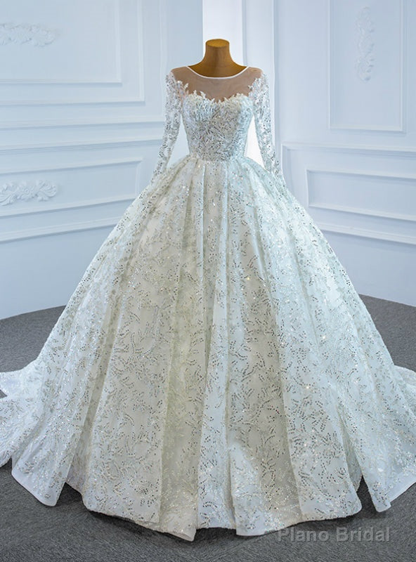 Shop Sexy White Ball Gown Sequins Long Sleeve Pleats Wedding Dress Main image