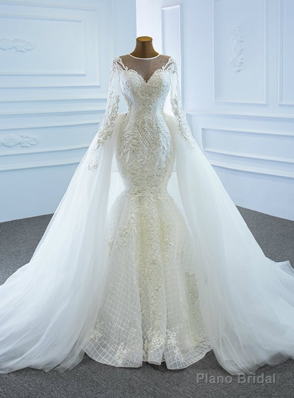 Shop This Selection Of White Mermaid Tulle Embroidery Appliques Long Sleeve Wedding Dress With Removable Train Main image