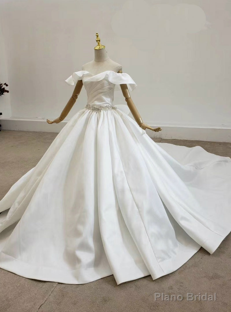 Shop White Ball Gown Satin Off the Shoulder Pleats Beading Wedding Dress Main image