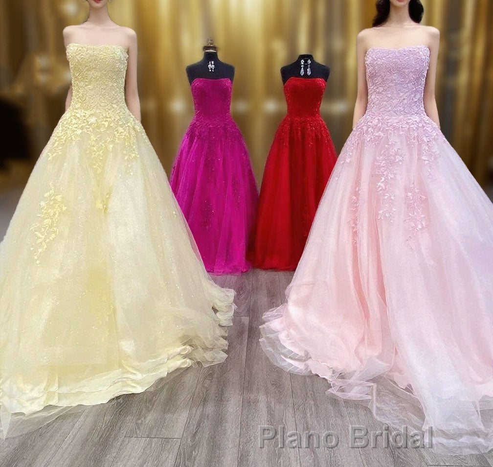 Wine Red Floral Lace Strapless A-Line Formal Prom Dresses