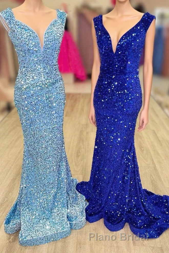 Blue Sequin V-Neck Lace-Up Mermaid Long Prom Dresses