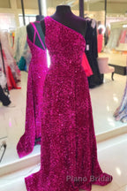 Purple Sequin One-Shoulder Backless A-Line Long Formal Prom Dresses