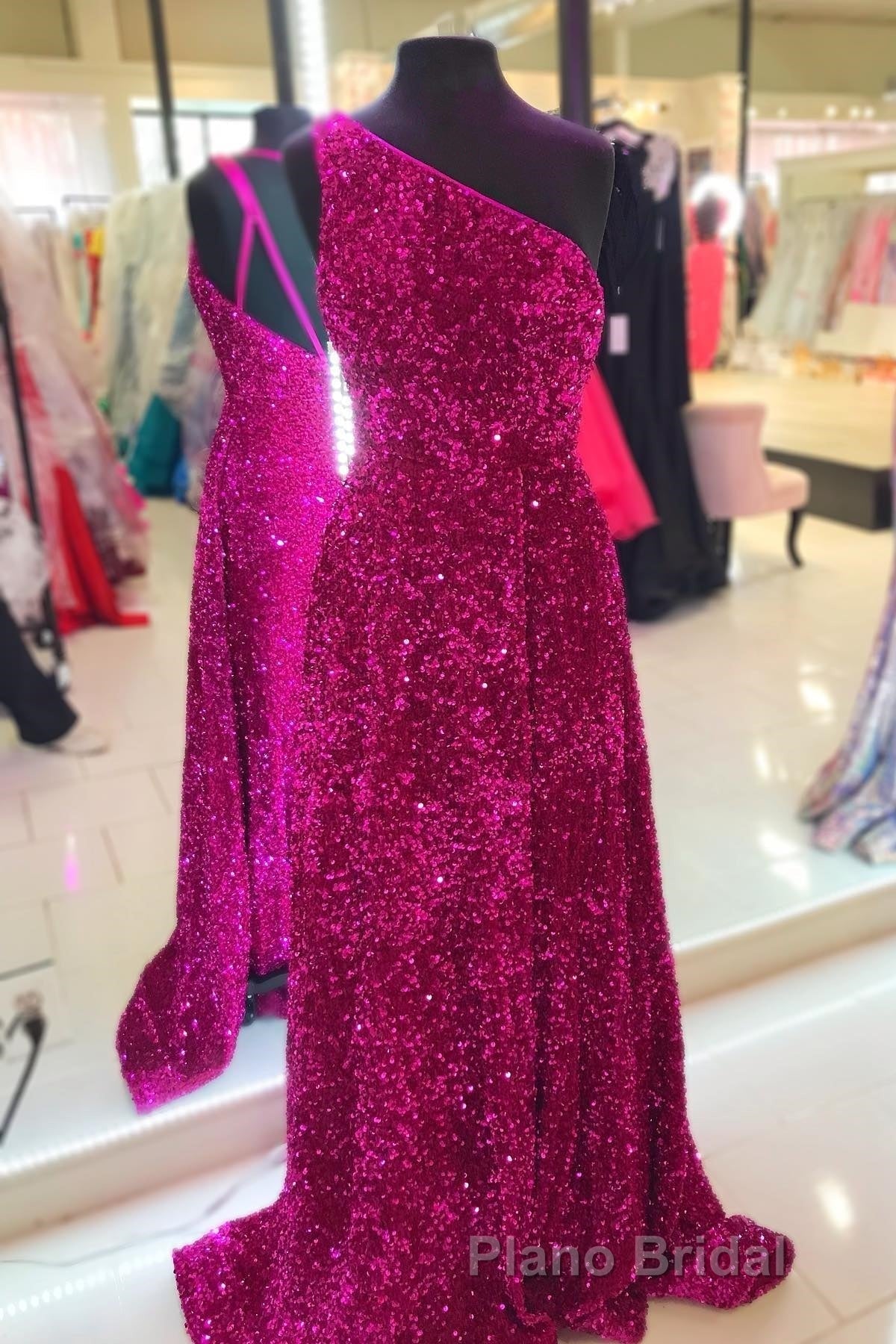 Purple Sequin One-Shoulder Backless A-Line Long Formal Prom Dresses
