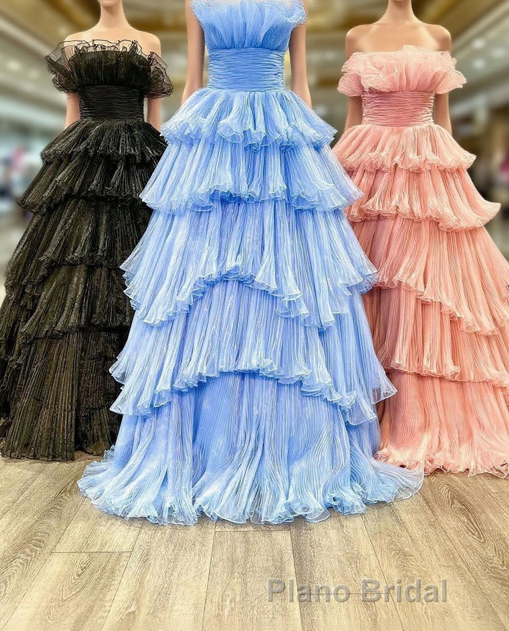 Candy Pink Tulle A-line Strapless Ruffles layers Long Formal Prom Dresses Main image