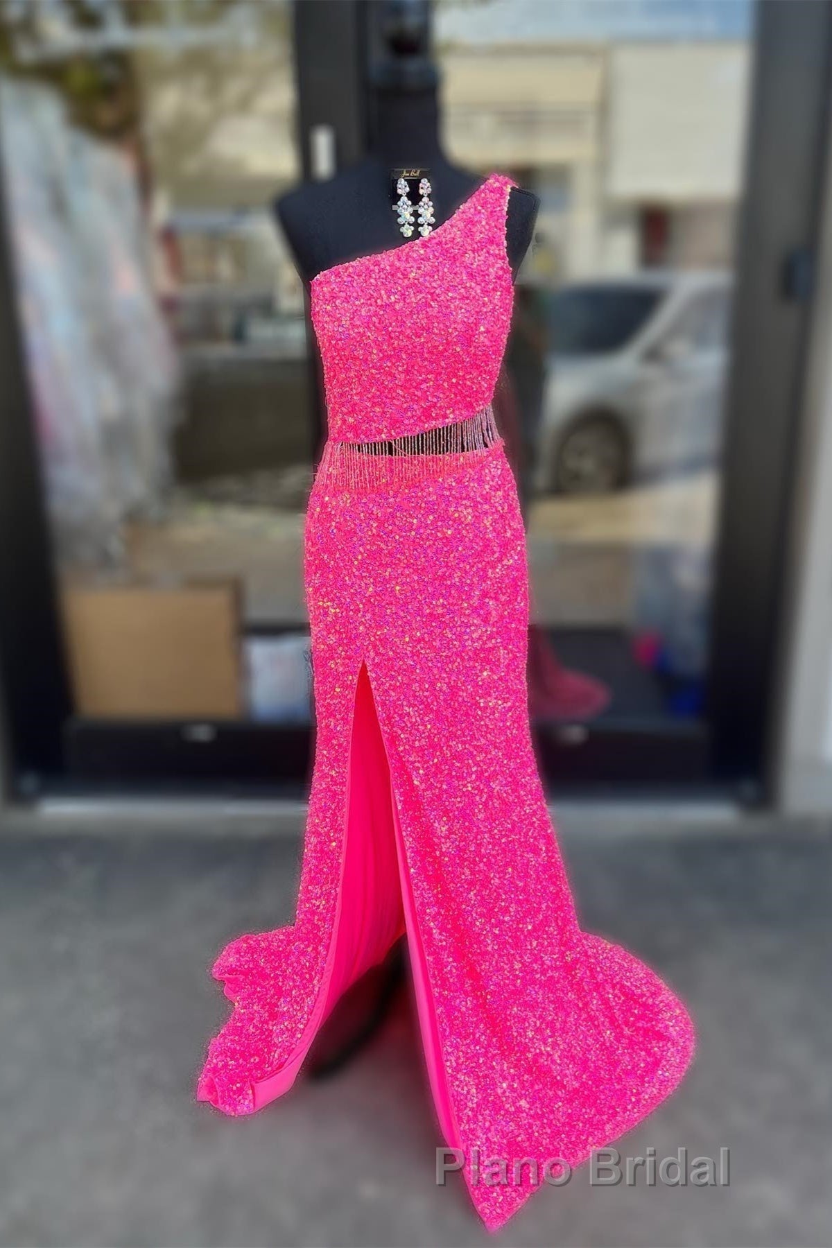 Fuchsia One Shoulder Sequins Tassels Cut-Out Long Formal Prom Dresses with Slit