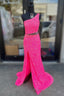 Fuchsia One Shoulder Sequins Tassels Cut-Out Long Formal Prom Dresses with Slit