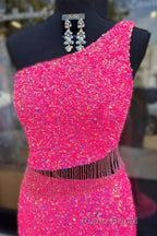 Fuchsia One Shoulder Sequins Tassels Cut-Out Long Formal Prom Dresses with Slit