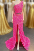 Fuchsia One Shoulder Sequins Tassels Cut-Out Long Formal Prom Dresses with Slit