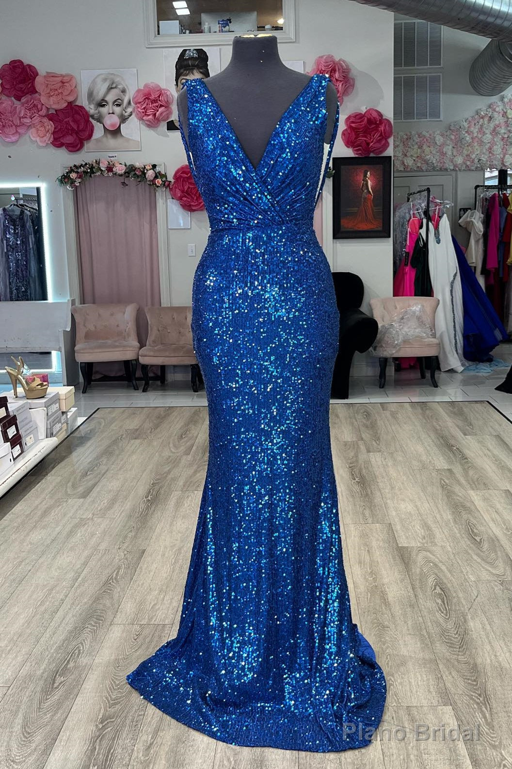 Royal Blue Plunging V Neck Sequins Mermaid Long Prom Dress Main image