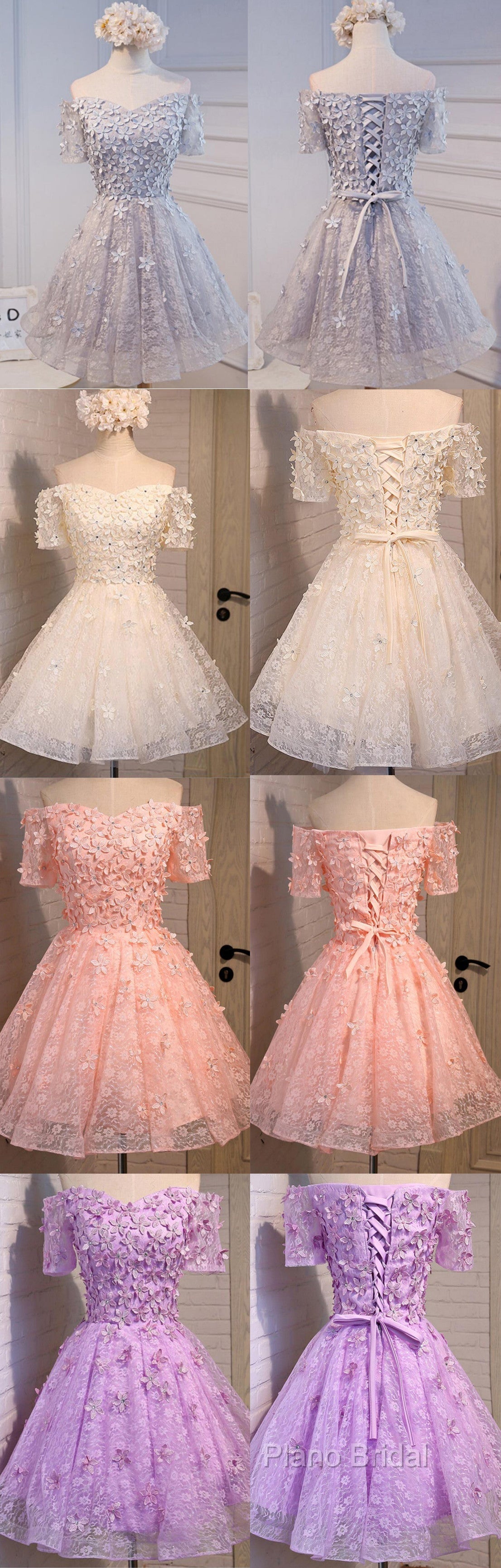 Short A-Line Junior Cute Off Shoulder Full Lace Appliques Beads Sweetheart Lace Up Back Homecoming Dresses Secondary image