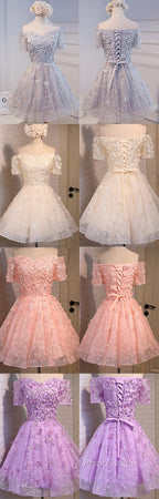 Short A-Line Junior Cute Off Shoulder Full Lace Appliques Beads Sweetheart Lace Up Back Homecoming Dresses