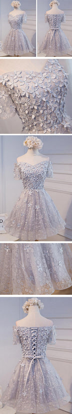 Short A-Line Junior Cute Off Shoulder Full Lace Appliques Beads Sweetheart Lace Up Back Homecoming Dresses