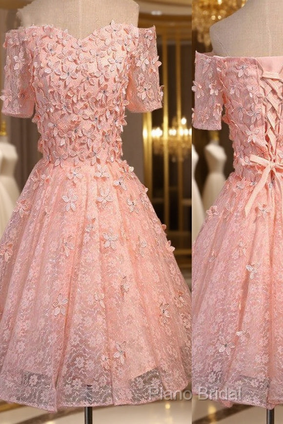 Short A-Line Junior Cute Off Shoulder Full Lace Appliques Beads Sweetheart Lace Up Back Homecoming Dresses Main image